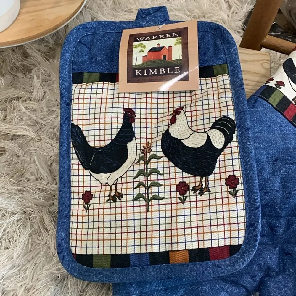 Vintage‎ Warren Kimble Folk Art Style Hen & Rooster Oven Mitt & Hot Pad